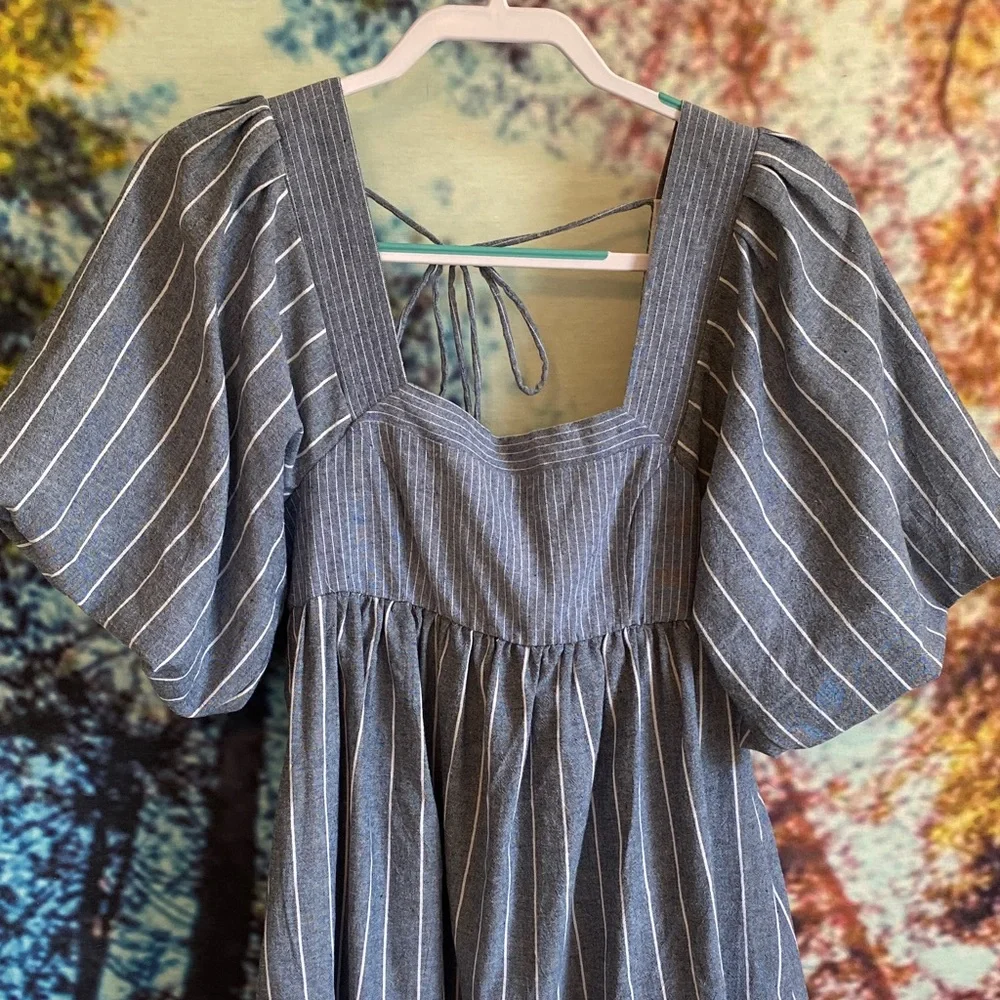 Free People blue and white Striped Mini Dress open back puff sleeves denim like - Picture 12 of 12